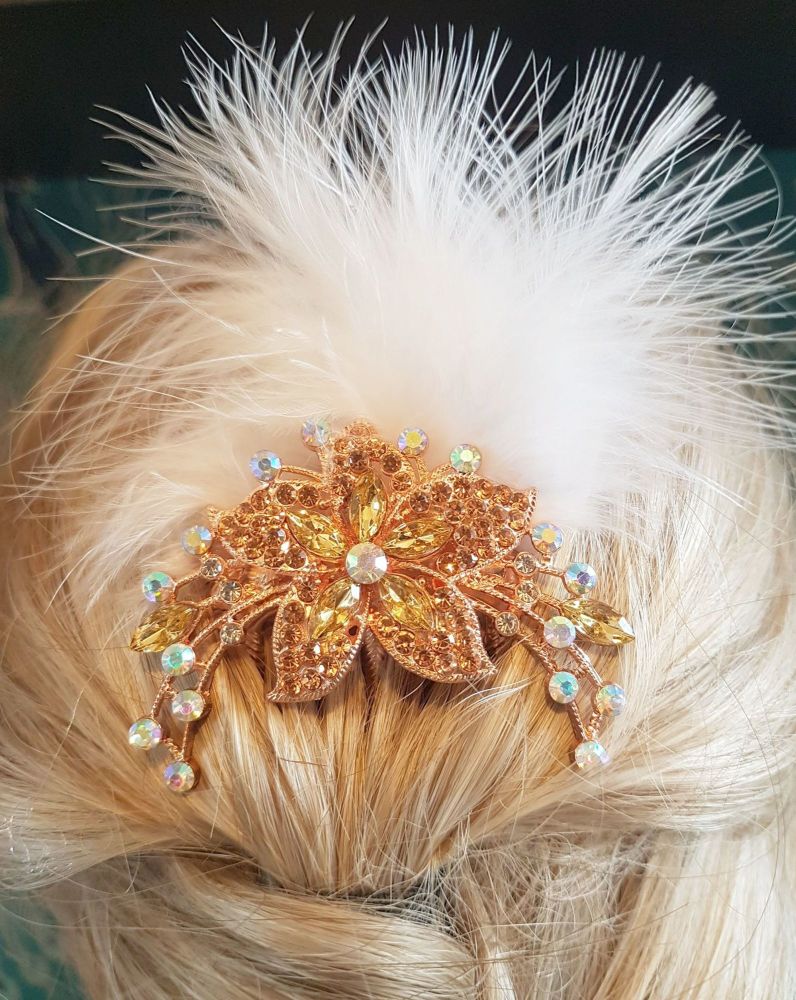 Feather Hair Comb Rose Gold with Champagne Gems and White Feathers