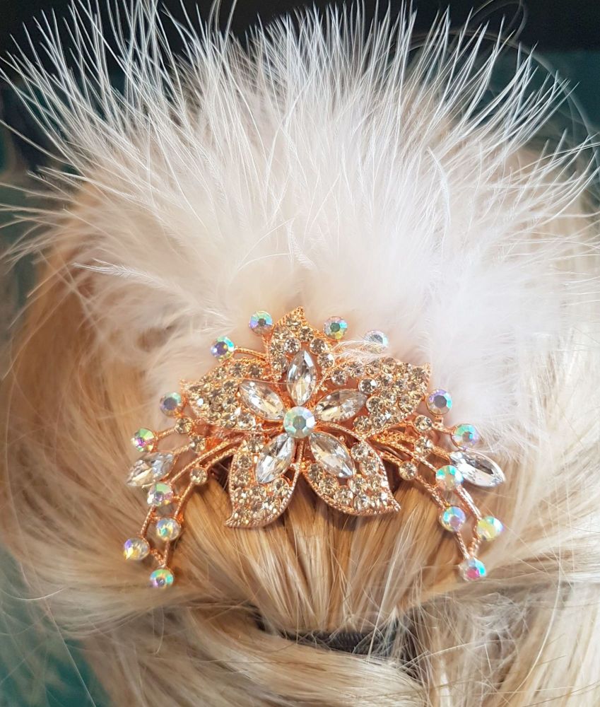 Feather Hair Comb Rose Gold Crystal Gems and White Feathers