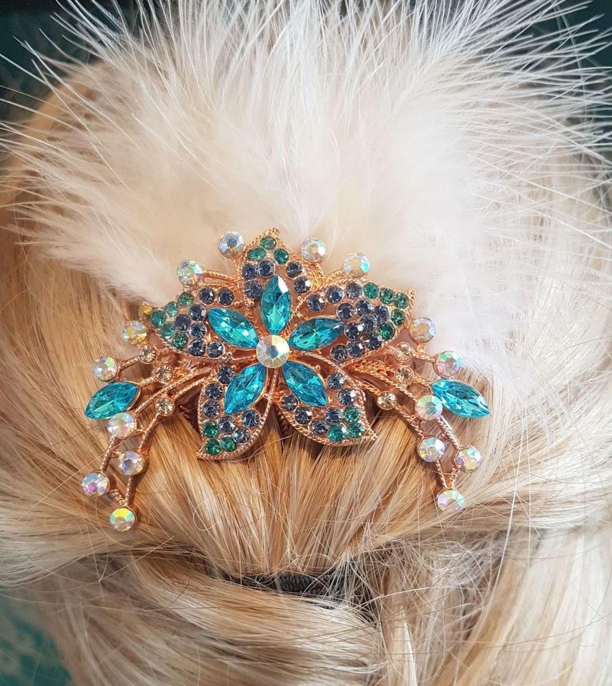Feather Hair Comb Rose Gold with Blue Gems and White Feathers