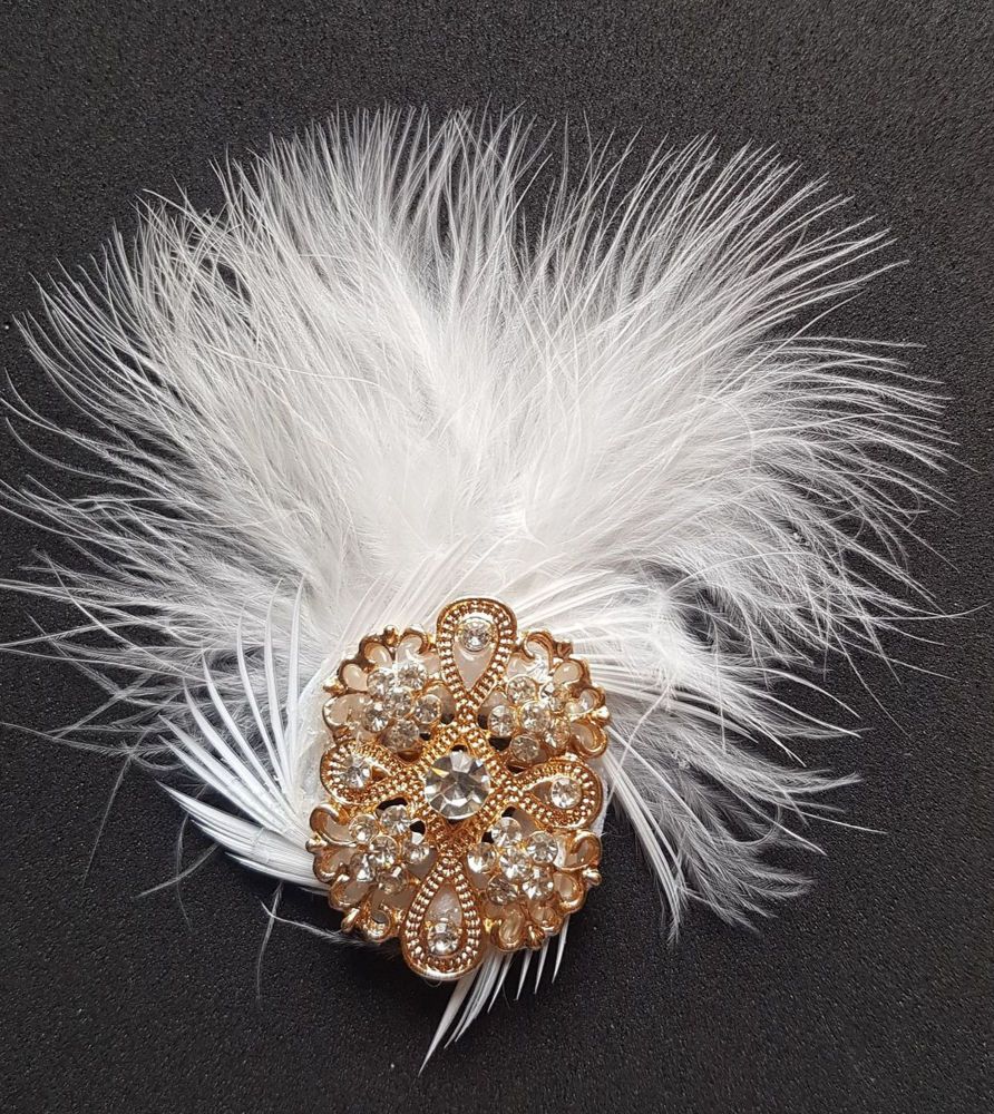 Gold Feather Brooch with Crystals and White Feathers