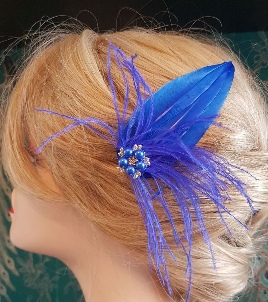 Royal Blue Feather Hair Clip, Pointed