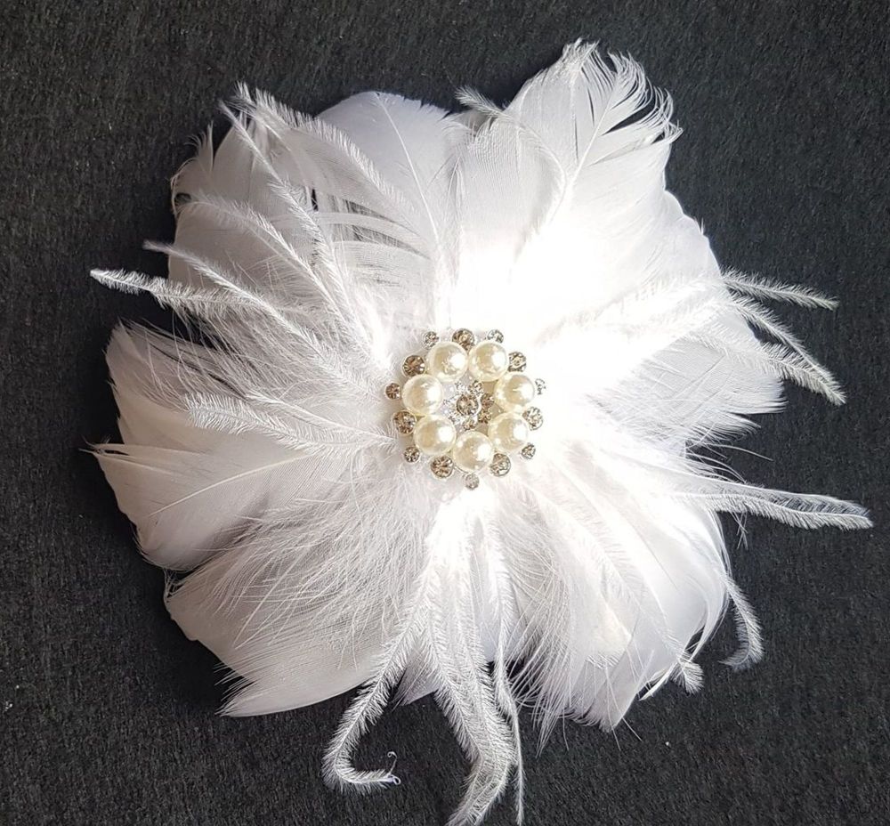 Bridal Feather Hair Clip with White Goose Coquille and Ostrich Feathers