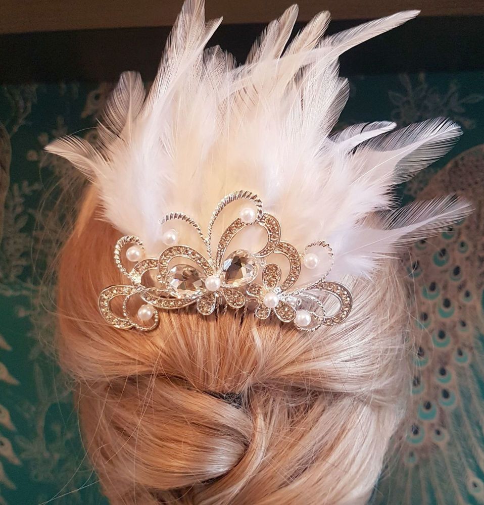 Bridal Feather Hair Comb with White Feathers, Butterfly Gem, Pearls and Cry