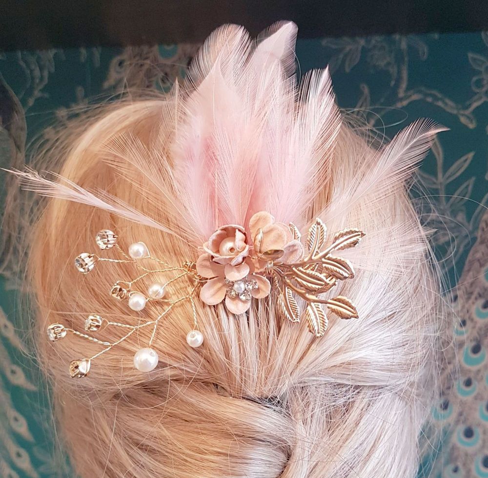 Rose Pink and Gold Feather Hair Grip