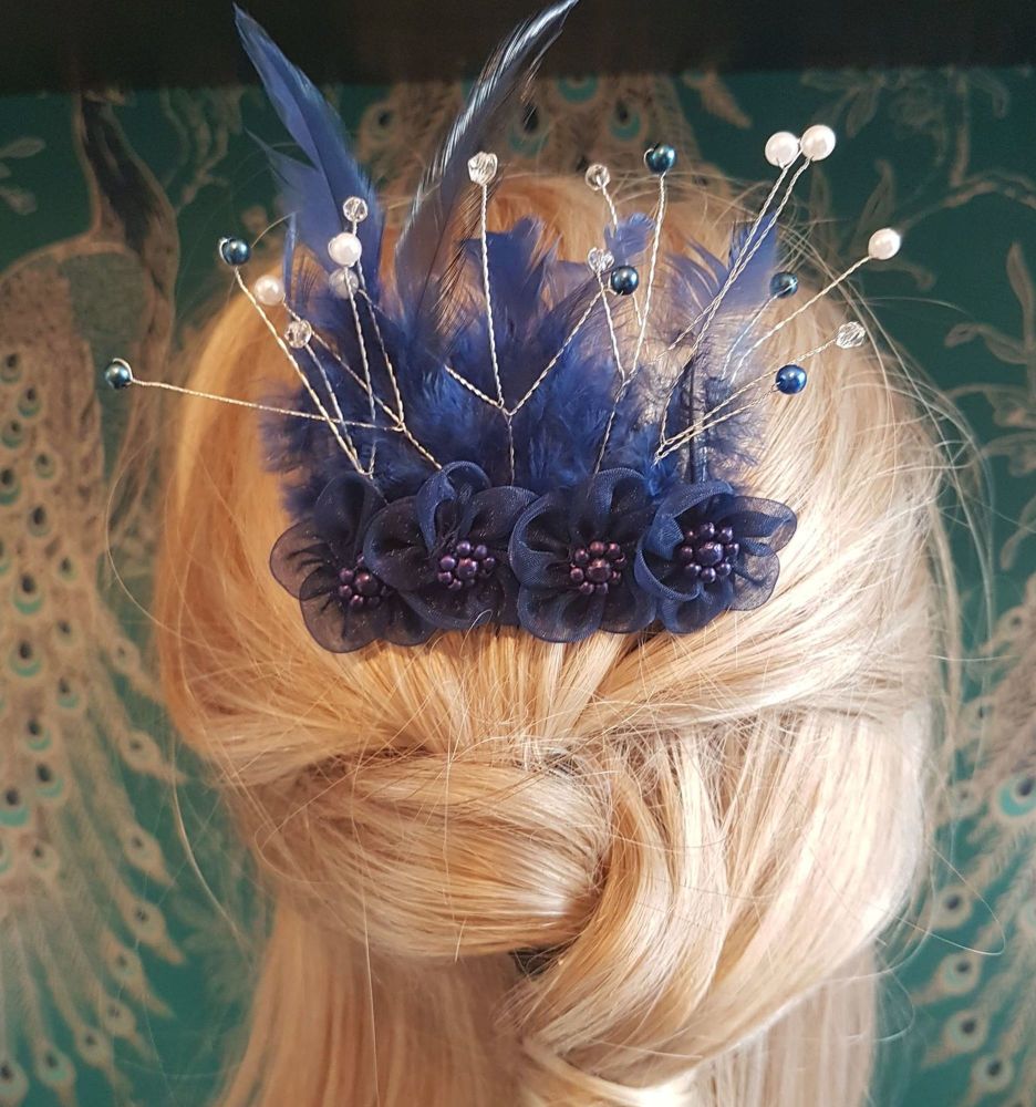 Feather Hair Comb with Navy Blue Feathers and Navy Flowers