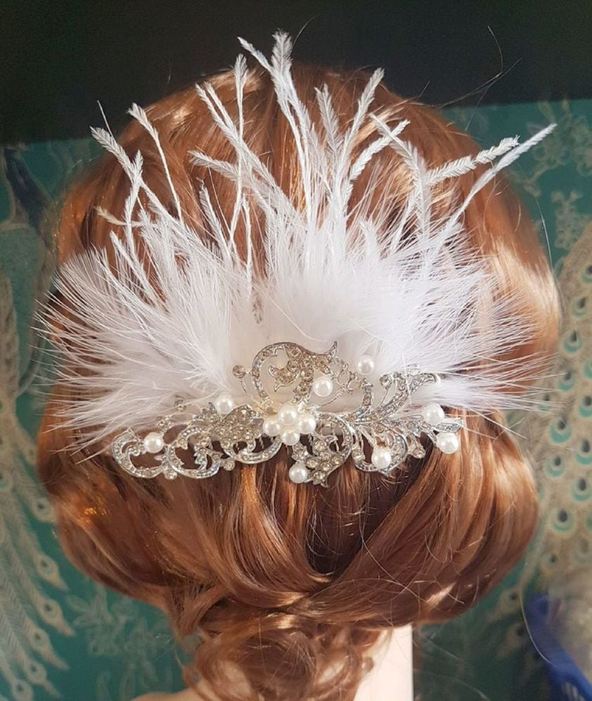 Brides Feather Hair Comb with White Feathers, Butterfly Gem, Pearls and Crystals