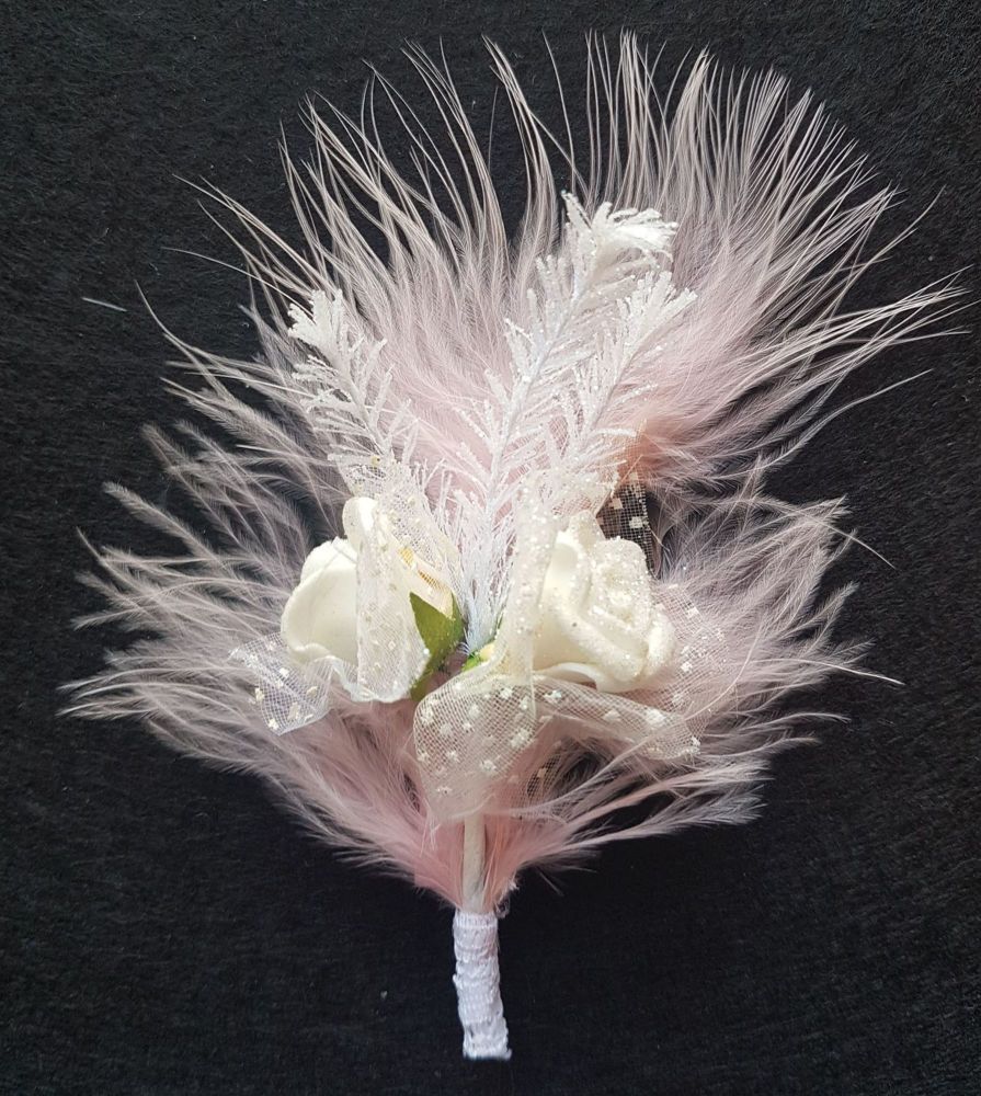 Dusky Rose Pink Feather and White Rose Buttonhole