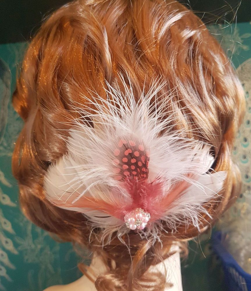 Rose Pink Champagne Feather Hair Clip with Marabou and Guinea Feathers