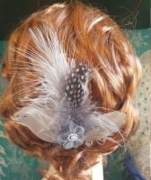 Silver Grey Feather Hair Clip with Marabou and Guinea Feathers