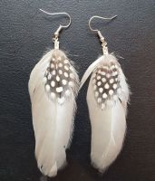 Beige Goose and Guinea Feather Earrings