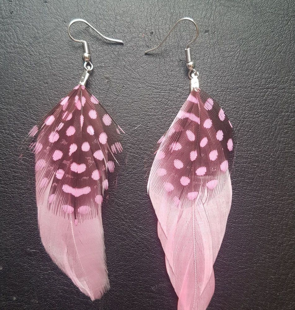 Baby Pink Goose and Guinea Feather Earrings 
