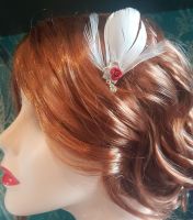 Bridal Feather Hair Grip with White Feathers and Red Rose Gem