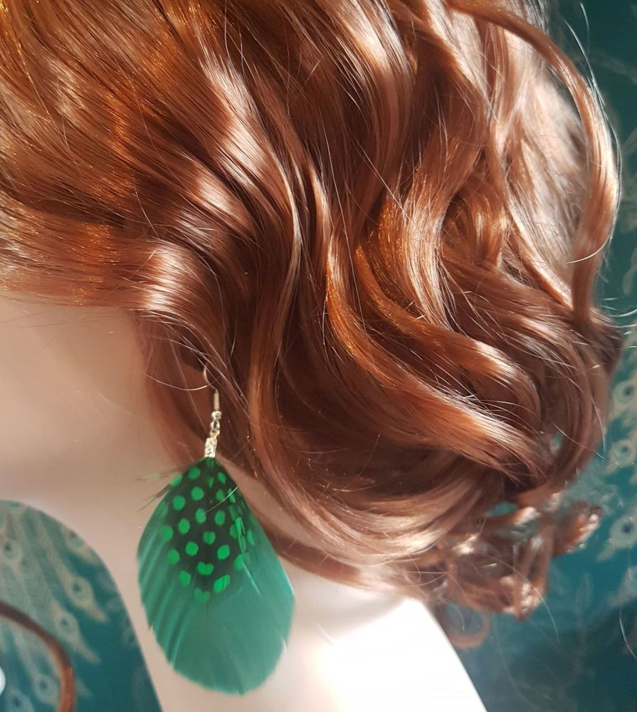Dark Green Feather Earrings with Guinea Feathers