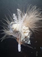 Beige Feather and White Rose Buttonhole