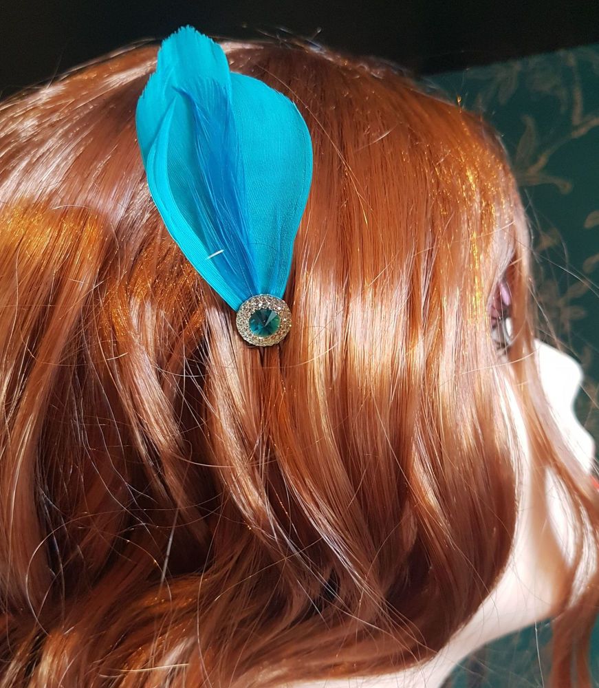 Aqua Blue Feather Hair Grip with Gem