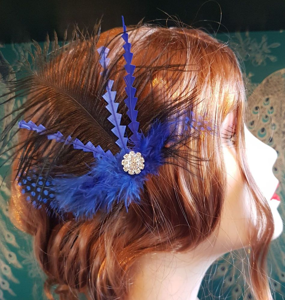 Black and Royal Blue Grey Feather Hair Clip