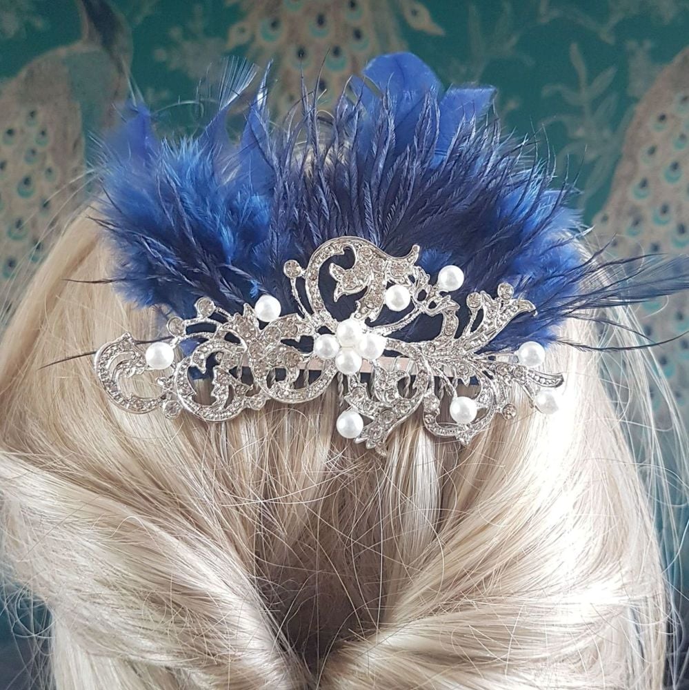 Crystal and Feather Hair Comb with Navy Blue Feathers, Pearls and Crystals
