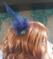 Navy Blue Feather Hair Comb with Peacock Themed Gem