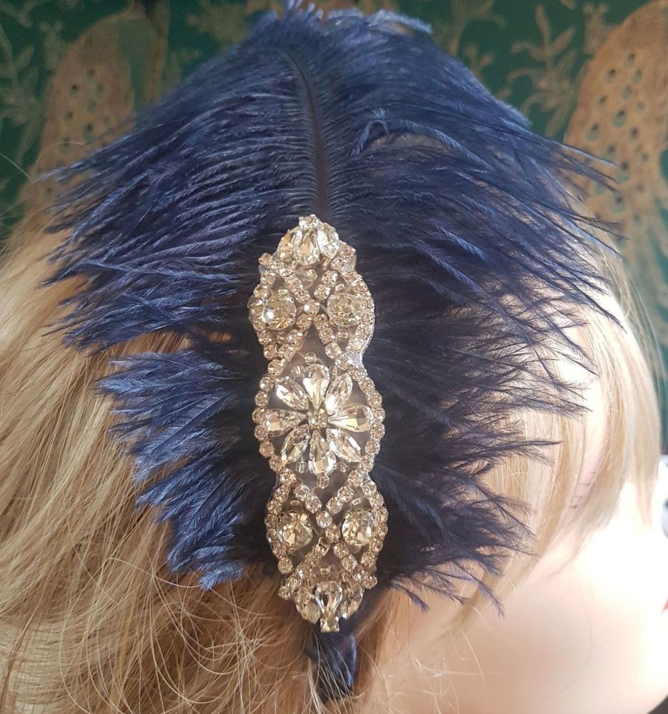 Navy Blue Ostrich Feather Headband Hair Piece