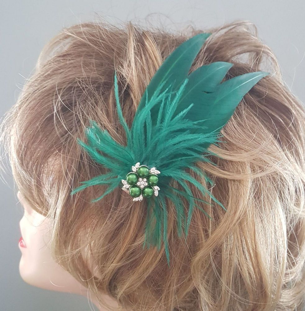 Dark Green Feather Hair Clip, Pointed