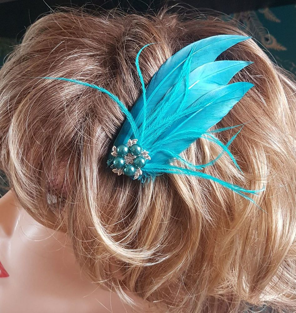 Teal Feather Hair Clip, Pointed