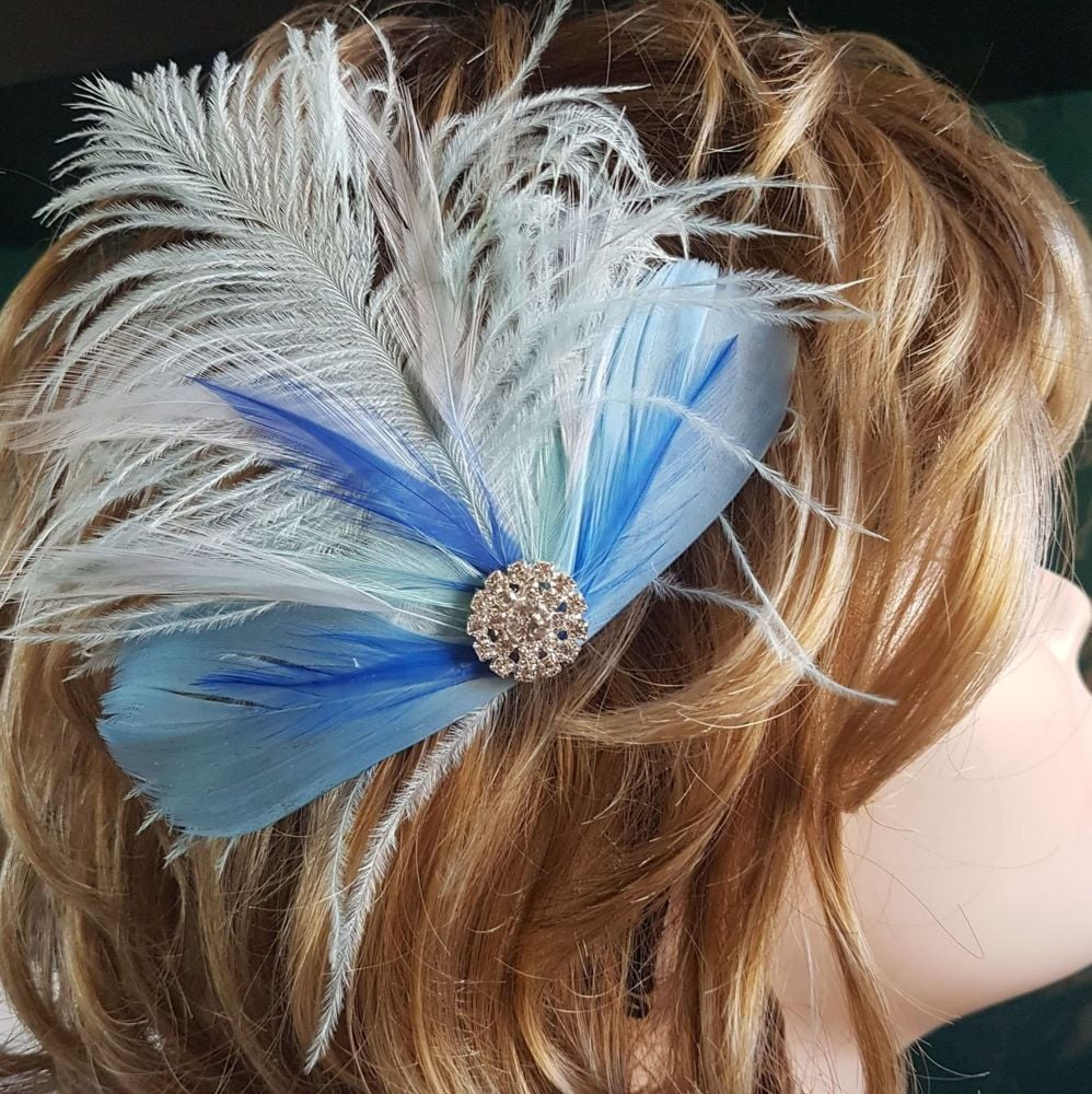 Light Blue and Blue Feather Hair Clip with Ostrich, Goose and Rooster Feathers