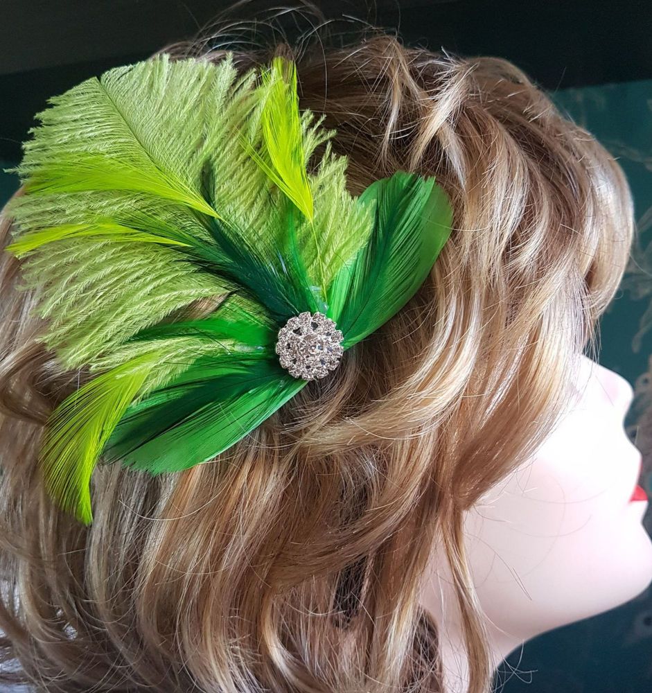 Lime Green and Green Feather Hair Clip with Ostrich, Goose and Rooster Feat