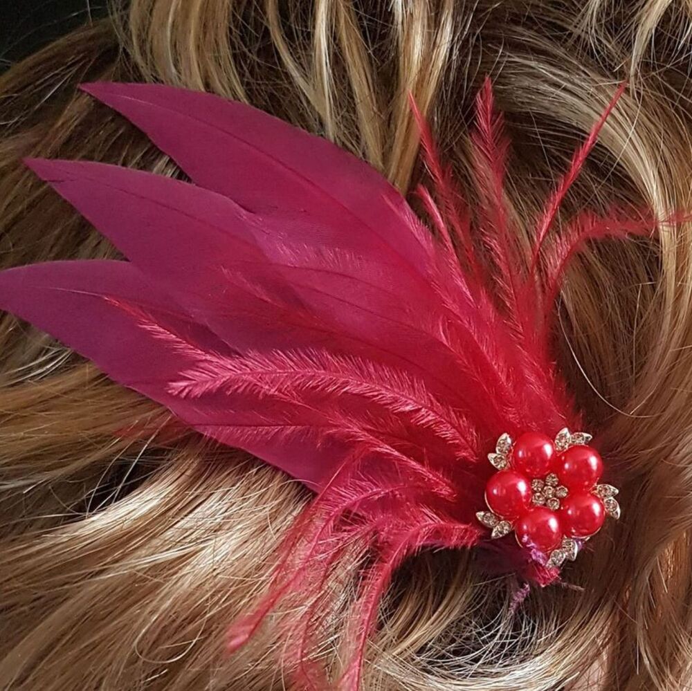 Red Wine Feather Hair Clip, Pointed