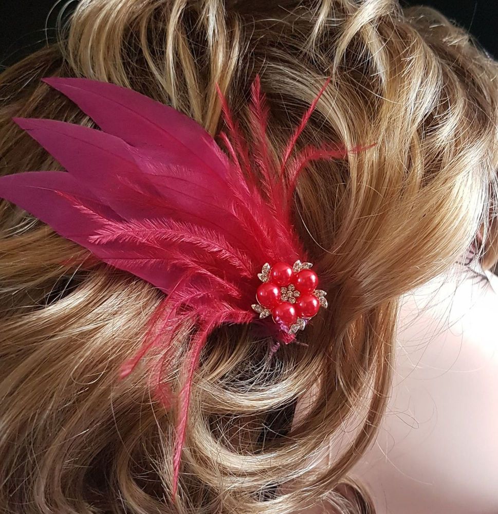 Red Wine Feather Hair Clip, Pointed