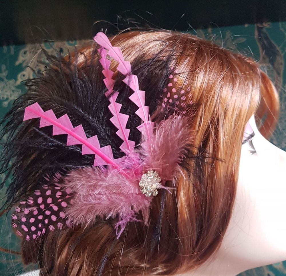 Pink and Black Feather Hair Clip