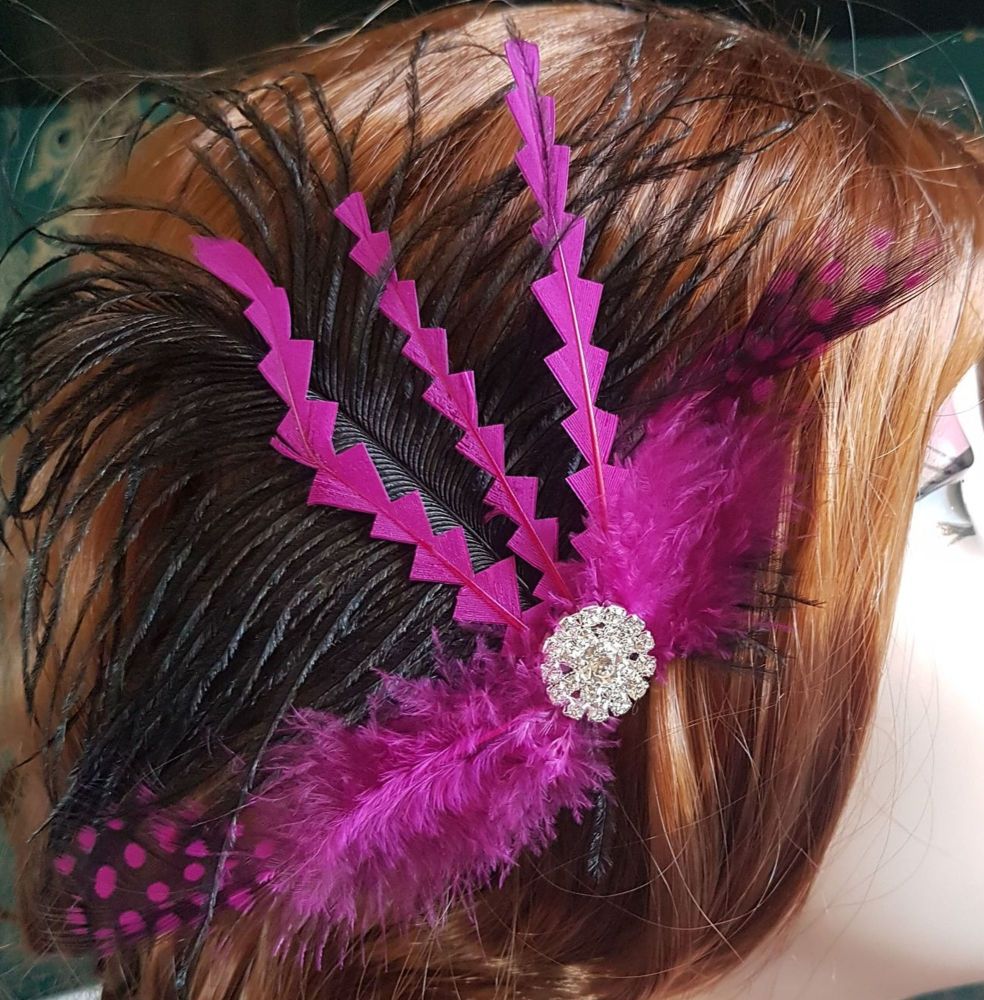 Plum Purple, Very Berry and Black Feather Hair Clip