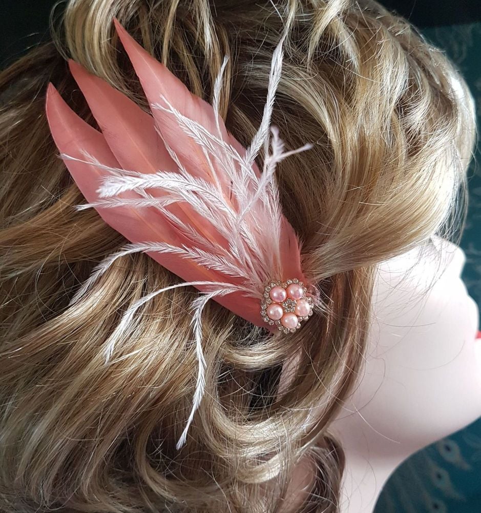 Coral and Peach Feather Hair Clip, Pointed