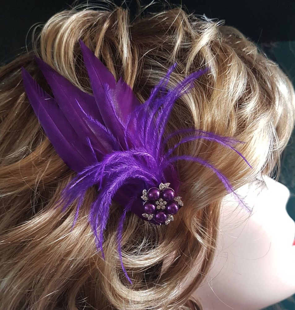 Purple Feather Hair Clip, Pointed