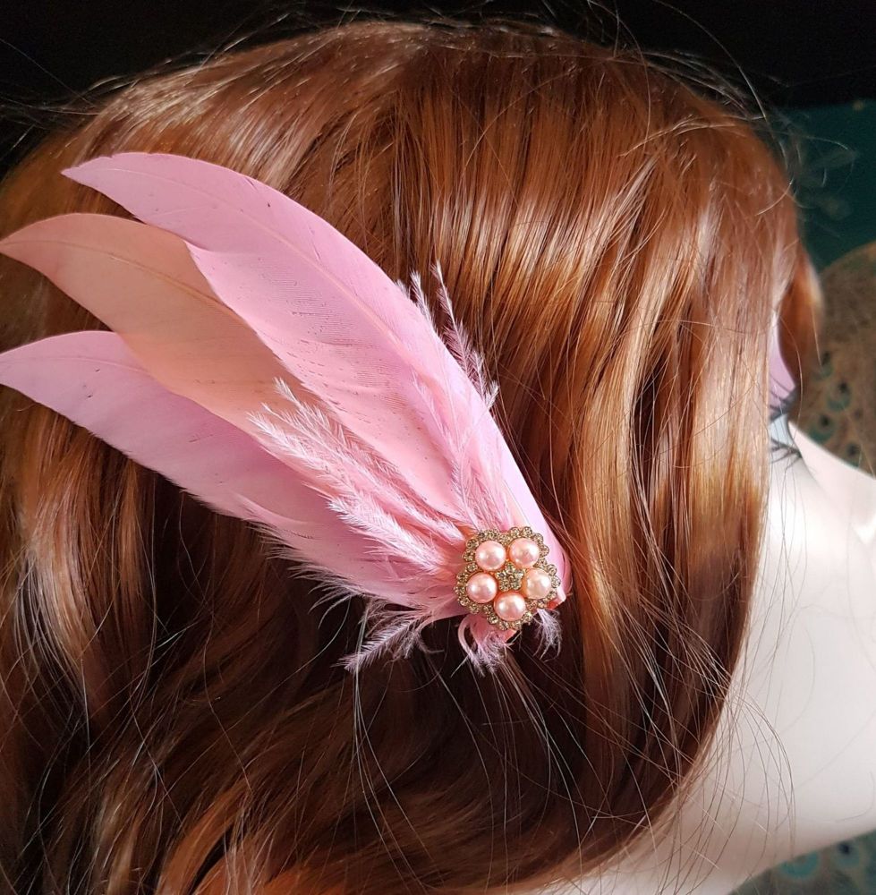 Baby Pink and Light Coral Feather Hair Clip, Pointed
