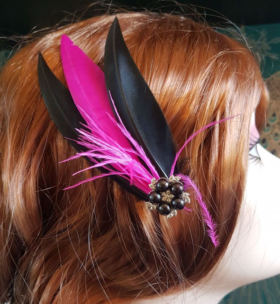 Dark Pink and Black Feather Hair Clip, Pointed