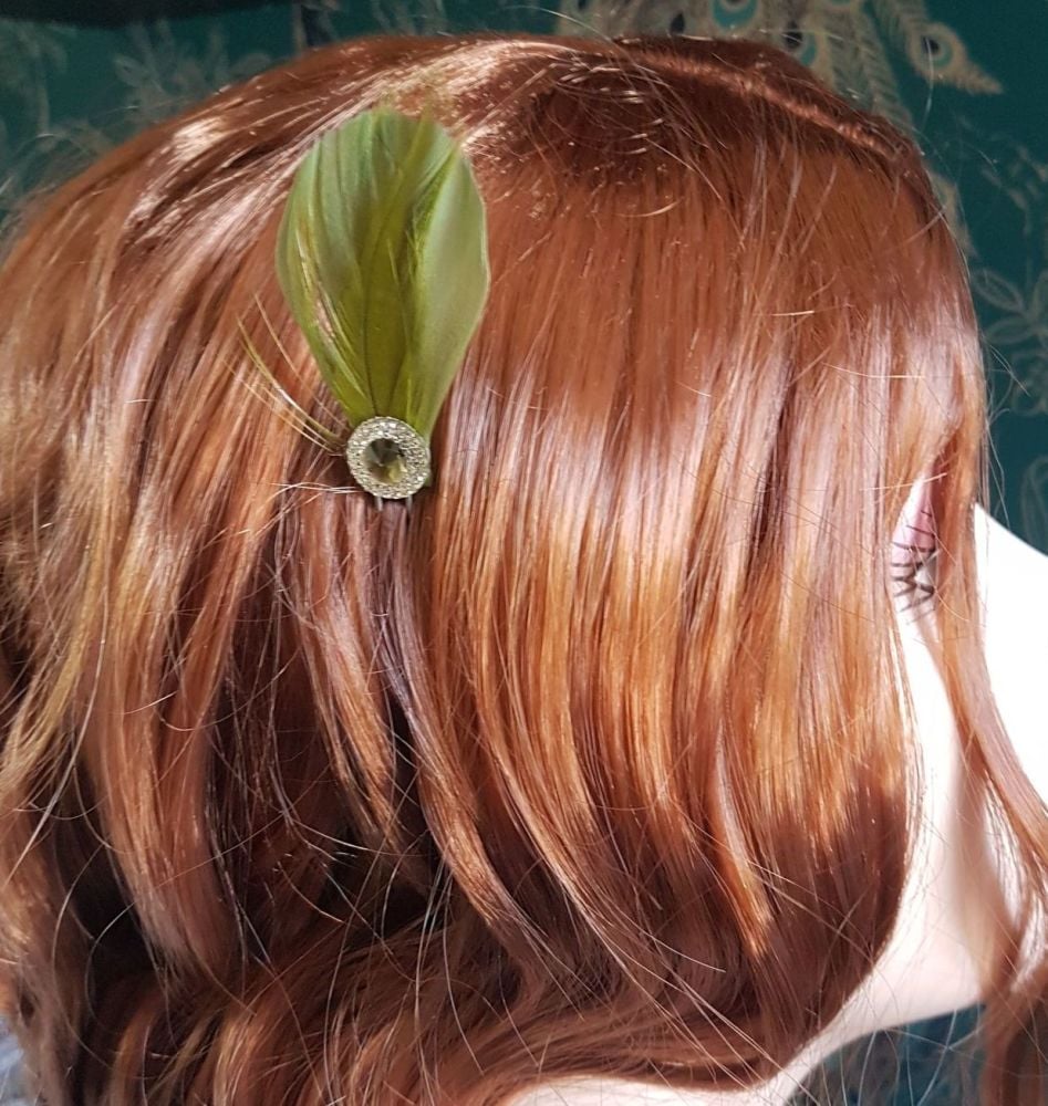 Olive Green Feather Hair Grip with Gem