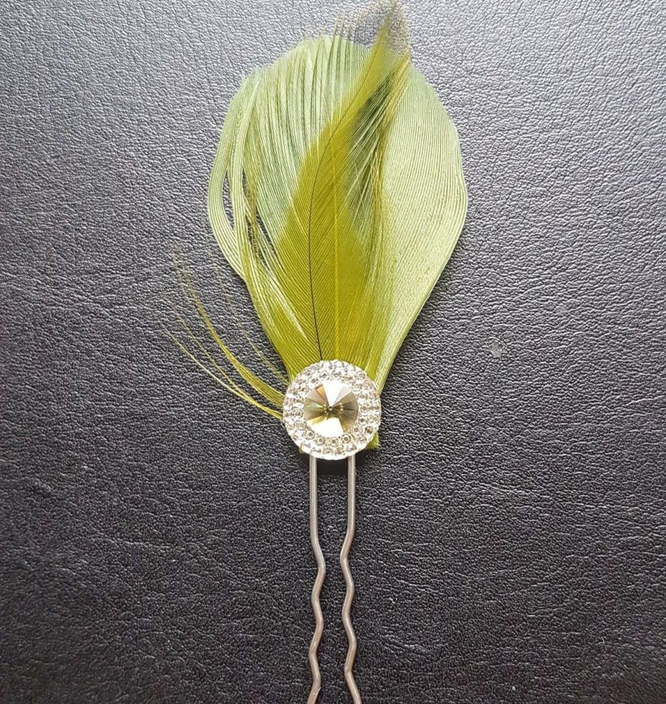 Olive Green Feather Hair Grip with Gem