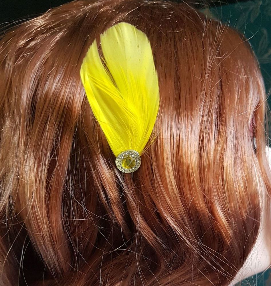 Yellow Feather Hair Grip with Gem