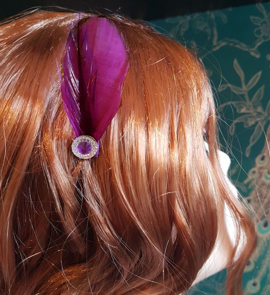 Plum Purple Feather Hair Grip with Gem