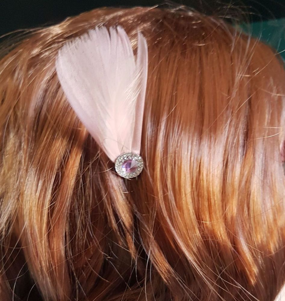 Dusky Rose Pink Feather Hair Grip with Gem