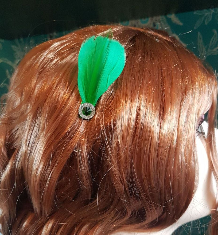 Green Feather Hair Grip with Gem