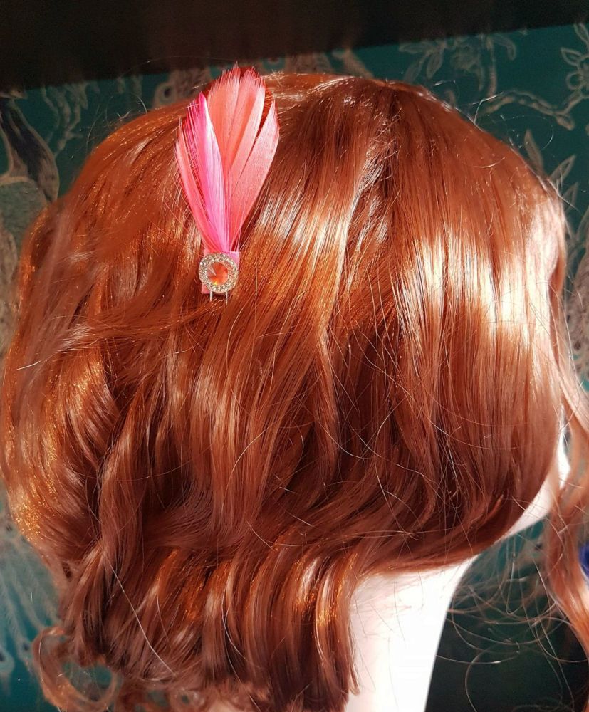 Coral Pink Feather Hair Grip with Gem