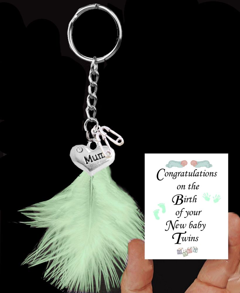 New Baby Twins Keepsake Keyring with Silver Charms and a White Feather