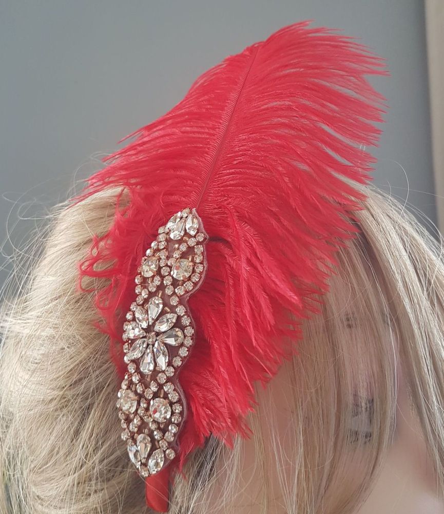 Red Ostrich Feather Headband Hair Piece
