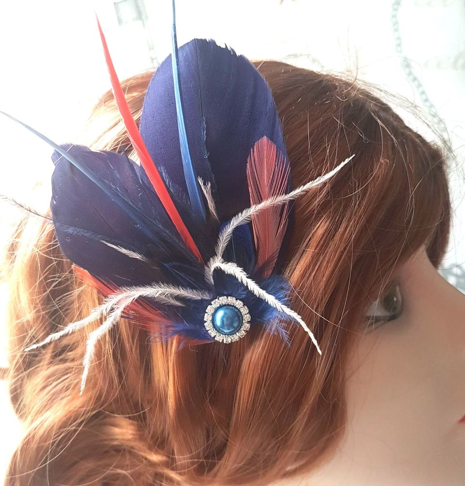 Navy Blue and Pink Feather Hair Clip