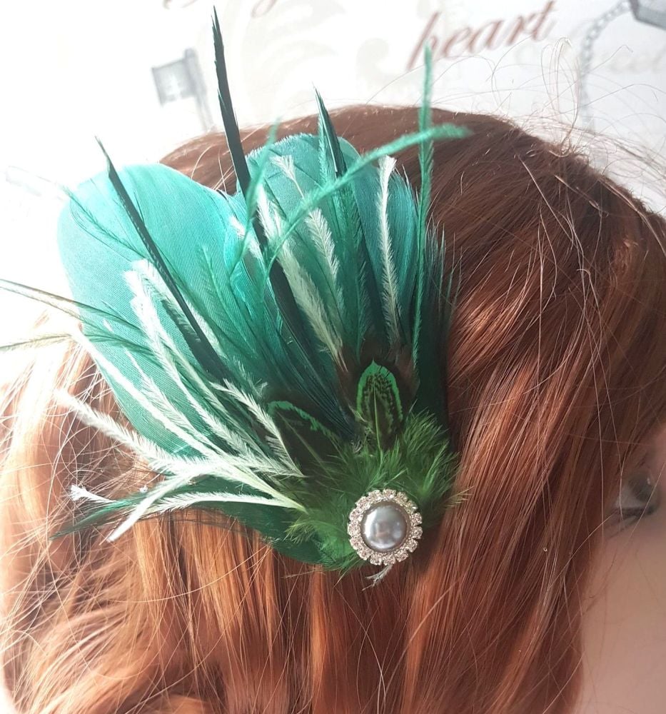 Dark Green and Sage Green Feather Hair Clip