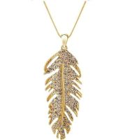 Gold  and Rhinestone Feather Pendant Statement Necklace