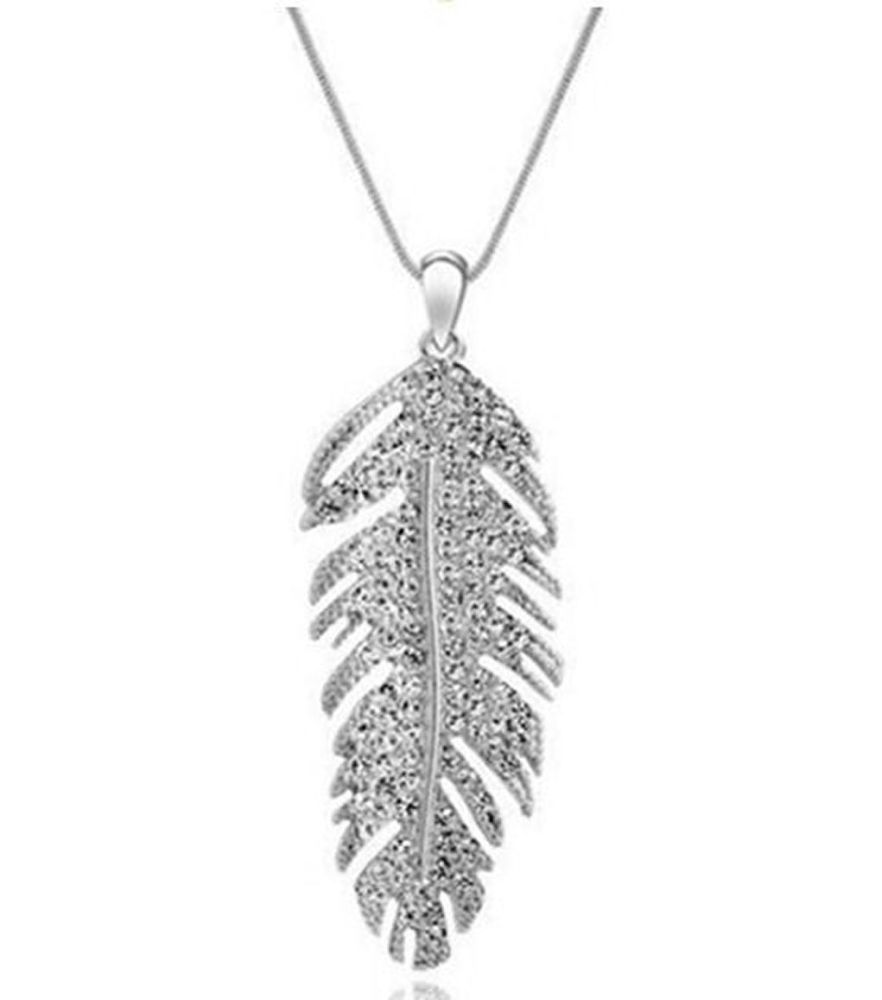 Silver and Rhinestone Feather Pendant Statement Necklace