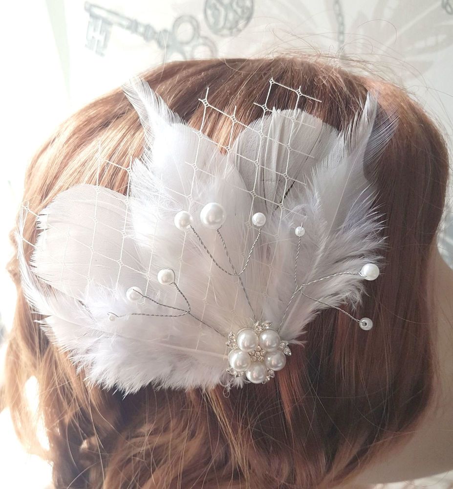 White Feather Hair Clip with Crystal and Pearls