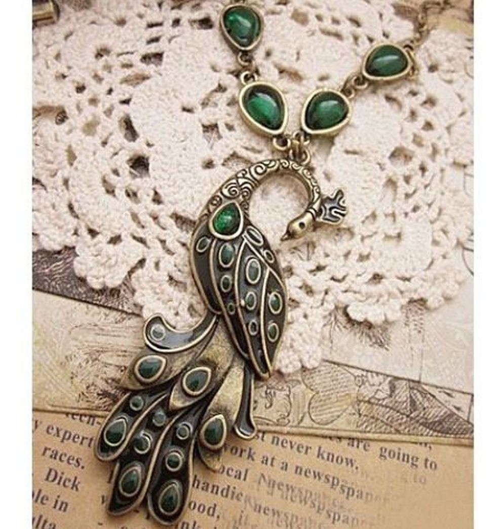 Black, Green and Bronze Metal Chain Peacock Design Pendant Statement Necklace
